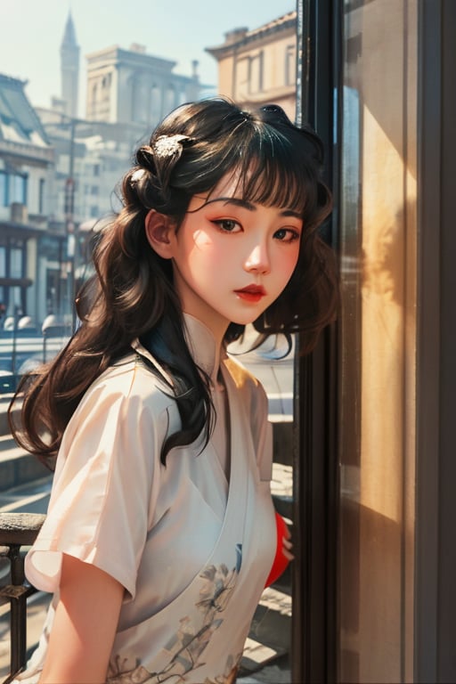 best quality,masterpiece,realistic,Highly detailed,1girl,black hair,long hair,solo,realistic,looking at viewer,lips,blurry,black eyes,upper body,blurry background,closed mouth,scenery, no humans, building, city, outdoors, stairs, traditional media, cityscape, window, bridge, road