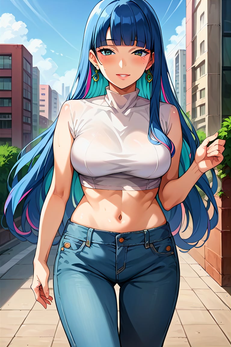 score_9, score_8_up, score_7_up, score_6_up, score_5_up, score_4_up, rating_questionable, , source_anime, digital illustration, pixiv, fanbox, uncensored, , BREAK, official art,1girl, solo, mature female, eida, blue hair, blunt bangs, colored colored inner hair, long hair, earrings, long sidelocks,crop top, navel, jeans, groin, city, buildings, outdoors, light smile, blush, cowboy shot, looking at viewer, colorful, vivid   <lora:Eida_Pony-10:0.8>