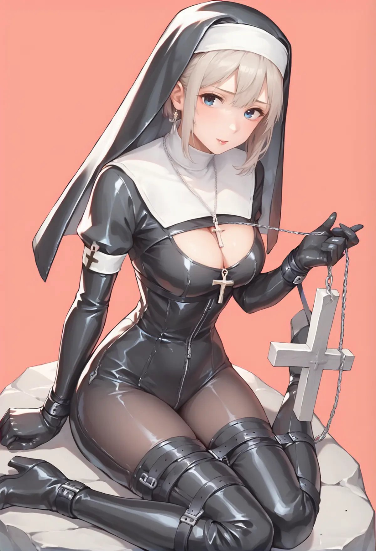 score_9,score_8_up,score_7_up,ruanyi0575,thigh boots,bdsm,black bodysuit,black gloves,black footwear,cross necklace,bondage outfit,cleavage,nun,zipper,bodysuit,inverted cross,,sitting on rock,red background,<lora:0575 bdsm clothing 6 nun_v1_pony:0.9>