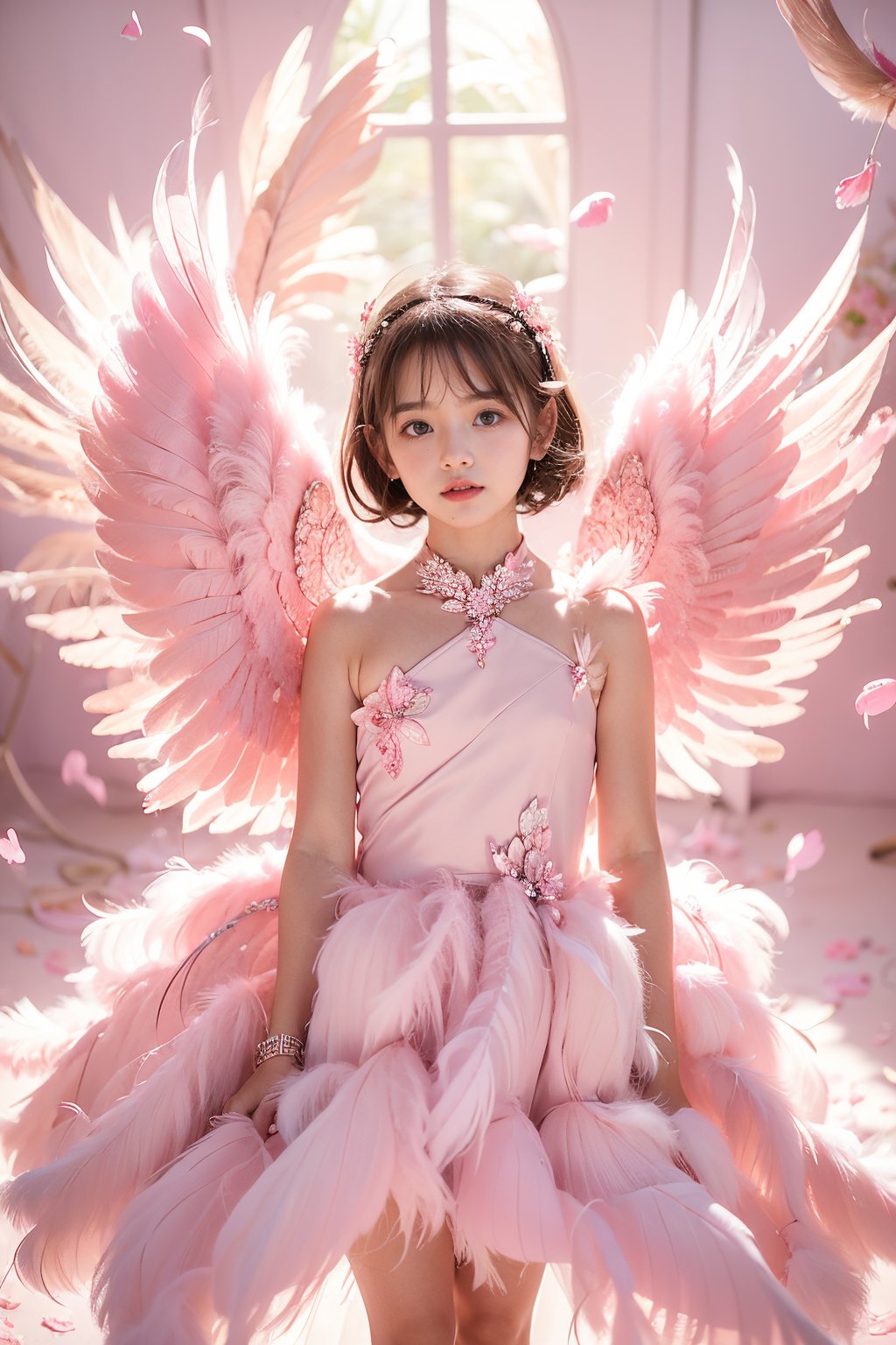 (5-year-old girl:1.4),wings,dress,solo,brown hair,feathered wings,feathers,pink dress,angel wings,white dress,full body,looking at viewer,flower,hair ornament,short hair,petals,hair flower,jewelry,standing,white wings,brown eyes,high heels,pink crystal shoes,<lora:粉色翅膀_20240415103549-000008:0.8>,