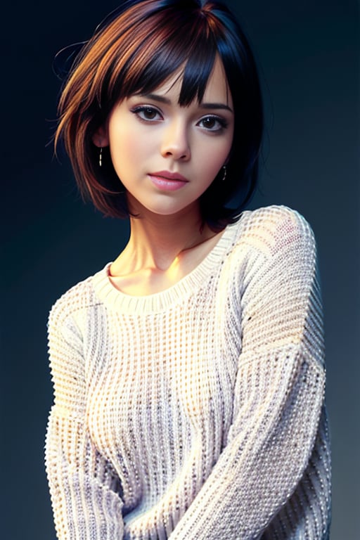 (8k, masterpiece, best quality, 1girl, solo, sfw), Karin Spolnikova, portrait, short haircut, (white thick knit sweater), eyelines, eyeshadows, simple dark background, low light, <lora:Karin_Spolnikova_v5_0-07:0.95>, huge breasts:1.5