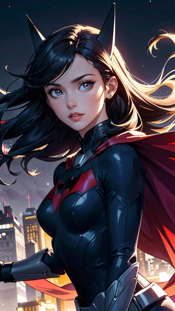 (best quality, masterpiece, colorful, dynamic angle, highest detailed)(Batwoman), upper body photo, fashion photography of cute girl (Batwoman), dressing high detailed Batwoman suit (high resolution textures), in dynamic pose, bokeh, (intricate details, hyperdetailed:1.15), detailed, moonlight passing through hair, perfect night, (fantasy background), (official art, extreme detailed, highest detailed), HDR+