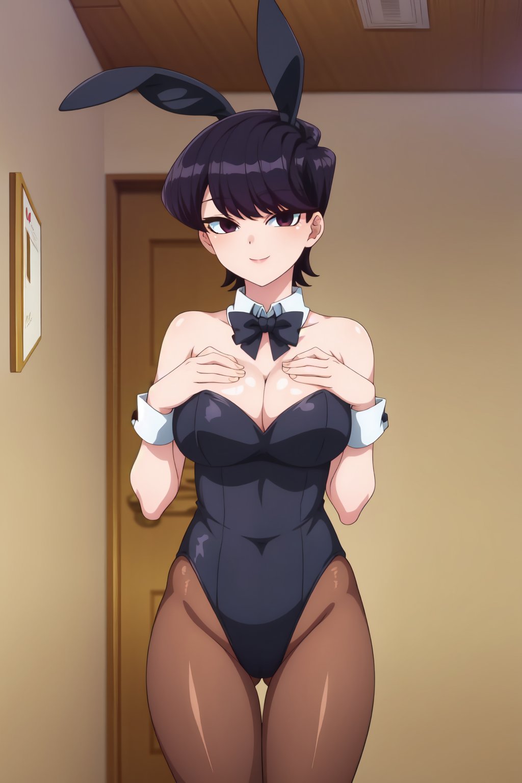 Shuuko Komi, 4k, absurd, high resolution, ultra high resolution, high definition, masterpiece, ilustration, 2d, anime style, 1girl, solo, looking at viewer, smile, short hair, large breasts, black hair, bow, cleavage, bare shoulders, heart, pantyhose, cowboy shot, bowtie, black eyes, leotard, wrist cuffs, strapless, black bow, detached collar, playboy bunny, black leotard, strapless leotard, brown pantyhose, mature female, black bowtie<lora:EMS-462567-EMS:0.800000>