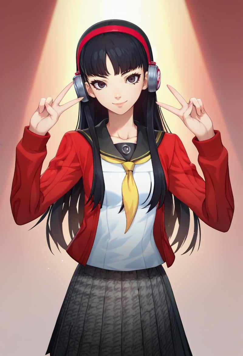 score_9, score_8_up, score_7_up, source_anime, solo, 1girl, yukikodancing, smile, looking at viewer, double v, hairband, headphones, serafuku, red cardigan, open cardigan, white shirt, black sailor collar, yellow neckerchief, skirt, houndstooth, spotlight <lora:persona4_amagi_ponyXL-000007:1>