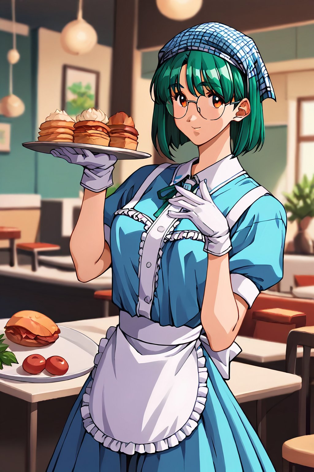 score_9, score_8_up, score_7_up, score_6_up, score_5_up, score_4_up, source_anime,akiyama midori, glasses, green hair,1girl, solo, smile, apron, blue shirt, blue skirt, frilled apron, frills, gloves, head scarf, shirt, short sleeves, skirt, uniform, waist apron, waitress, white apron, white gloves, food, tray, food tray, indoors, restaurant, looking at viewer, dutch angle, cowboy shot,masterpiece, perfect face, best quality, beautiful girl, blurry background, cute girl, beautiful eyes, shiny eyes, anime coloring, anime screencap, absurdres, <lora:akiyama midori anyt 905:0.8>