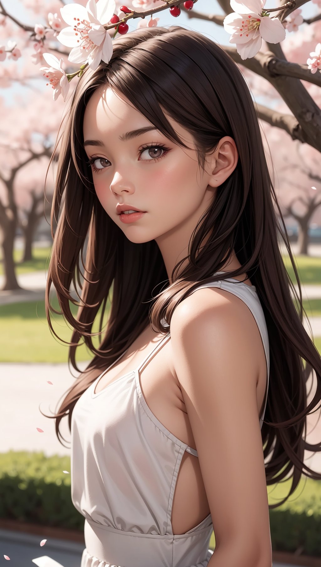 1girl,solo,dress,long hair,cherry blossoms,brown hair,lips,realistic,