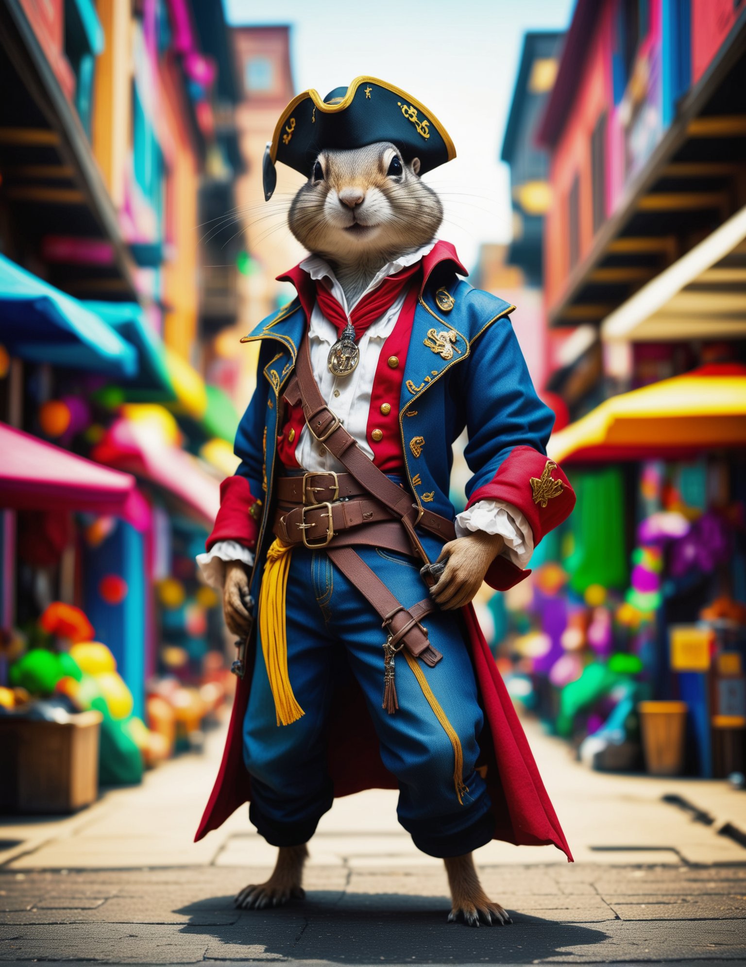 Wide angle photorealistic raw photography, (Solo figure in Swashbuckling Pirate Costume:1.3), Off-center composition, Standing pose, Blue denim pants, furr, (Long-sleeved attire:1.2), Colorful Street Markets setting, Artistic whisker details, Casual yet captivating.<lora:Human Cat XL-09:1>(hmnzct Uinta Ground Squirrel:1.3), 