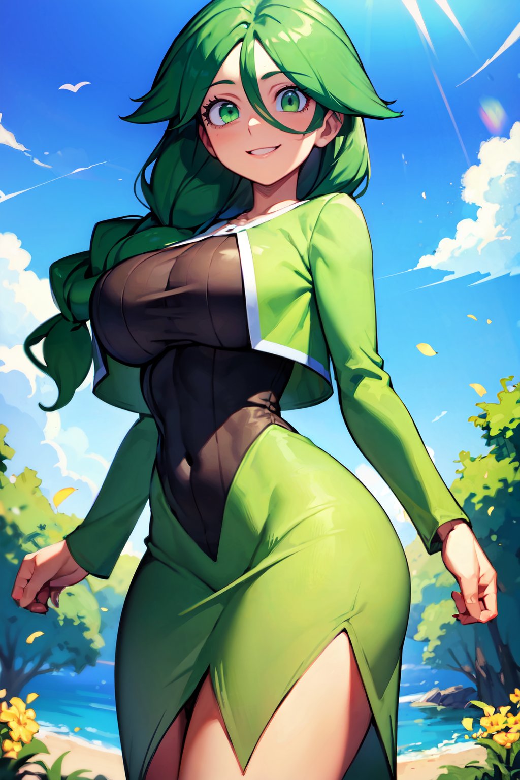 ((masterpiece,best quality)), absurdres,   <lora:Cheryl_Pokemon:0.7>,  cheryl (pokemon), green eyes, single braid, hair over shoulder,  green jacket, long dress,  curvy,  smile, looking at viewer, cowboy shot,  <lora:Bold_CAT:0.5>,