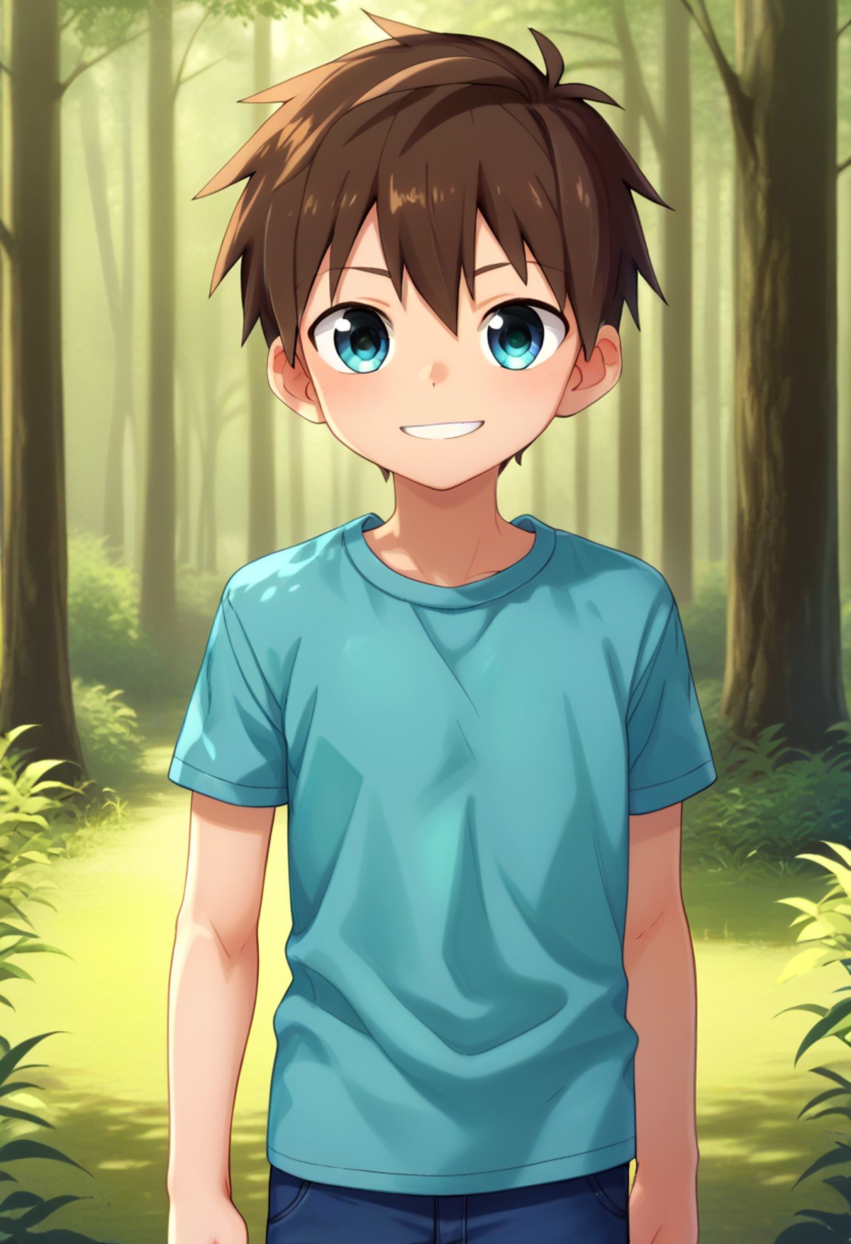 score_9, score_8_up, score_7_up, detailed eyes, forest, BREAKstraight on shot, standing,  <lora:PerfectEyesXL:0.8> perfecteyes, <lora:cutifiedanimecharacterdesign_variant_type_D_PonyXL_v10:0.7> 1boy, type-d,brown hair, shirt,  petite, young, solo smile || bright smile,full shot,bagpack