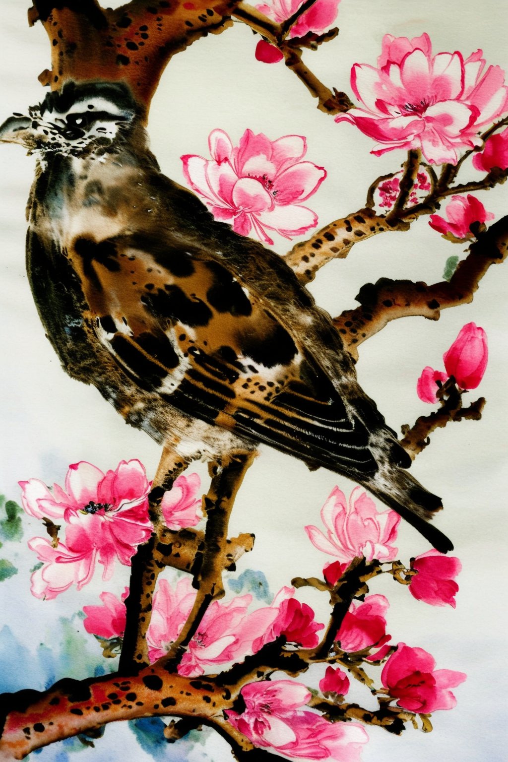 <lora:AgainChineseInkPainting:1>,AgainChineseInkPainting, branch, no humans, bird, flower, tree, traditional media, animal focus, chinese ink painting, white background, peach blossom, simple background, animal, painting \(medium\), watercolor \(medium\), in tree, pink flower, grey background