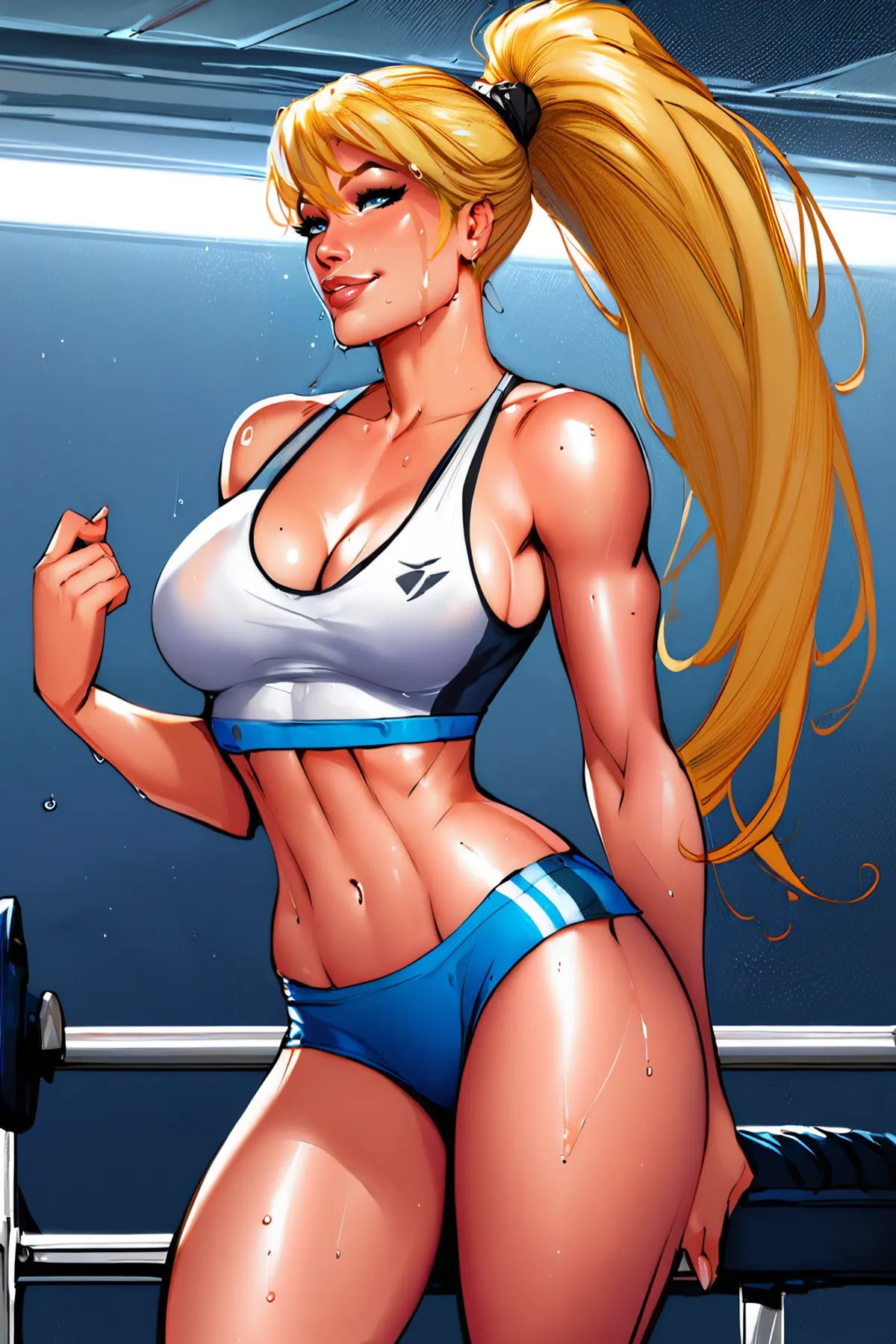 score_9, score_8_up, score_7_up, masterpiece, high quality <lora:Samus AranPonyLora:0.7> 1girl, blonde long hair, ponytail, bangs, sports bra, shorts, sweat, wet, in a gym, smirk<lora:Michael TurnerStylePonyLyco:0.9> mtms 