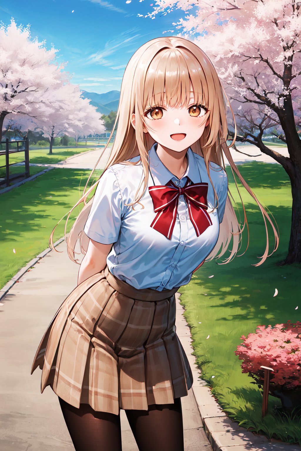 masterpiece, best quality, highres, aamahiru, long hair, red bowtie, white shirt, short sleeves, plaid skirt, brown skirt, pantyhose, <lora:shiina_mahiru_v1:0.7>, standing, cowboy shot, leaning forward, arms behind back, outdoors, cherry blossoms, smile, open mouth,