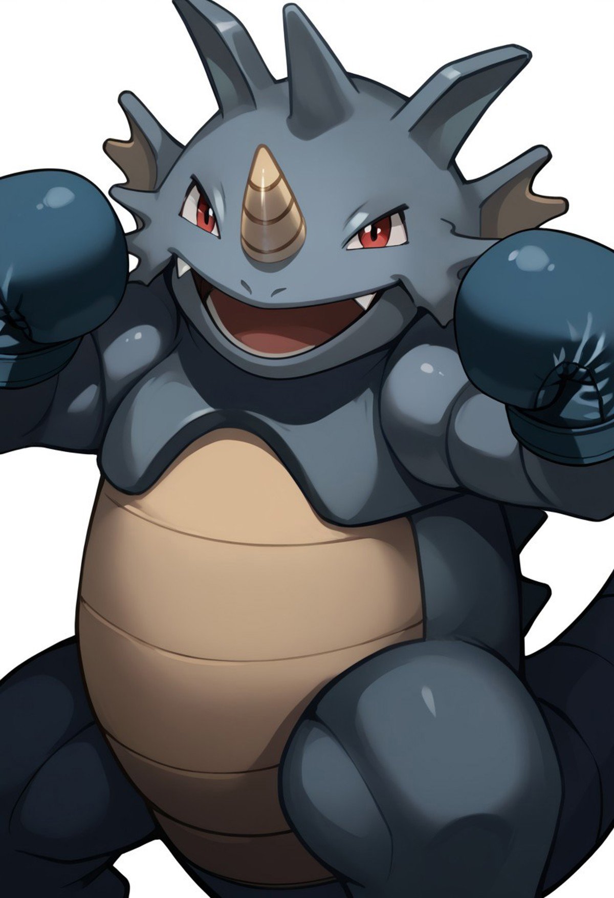 (source_anime, score_9, score_8_up, score_7_up:1), solo male, rhydon, feral, open mouth, boxing gloves, looking at viewer, smile, simple background, white background