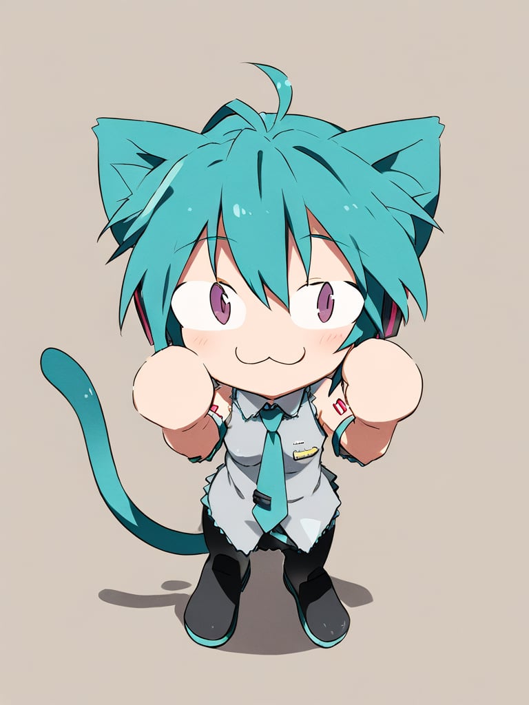 <lora:xl_neco-arc(kohaku_delta)-000005:1>,neco-arc,slit eyes,1girl,solo,cat ears,cat tail,chibi,:3,full body,hatsune miku,, masterpiece, best quality,