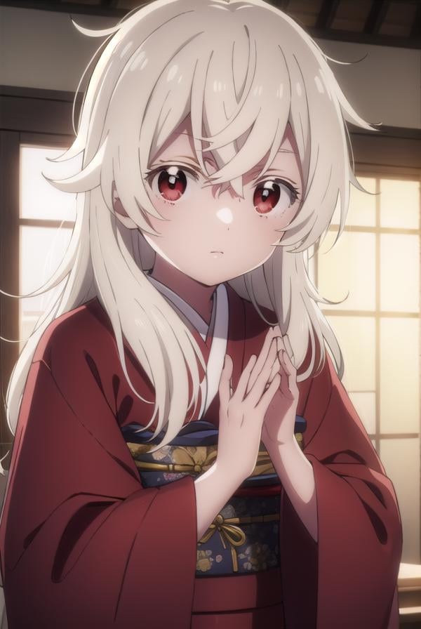 summertimehaine, <lora:summertime haine s1-lora-nochekaiser:1>,haine, long hair, bangs, (red eyes:1.3), white hair,BREAK japanese clothes, kimono, red kimono,BREAK indoors,BREAK looking at viewer,BREAK <lyco:GoodHands-beta2:1>, (masterpiece:1.2), best quality, high resolution, unity 8k wallpaper, (illustration:0.8), (beautiful detailed eyes:1.6), extremely detailed face, perfect lighting, extremely detailed CG, (perfect hands, perfect anatomy),