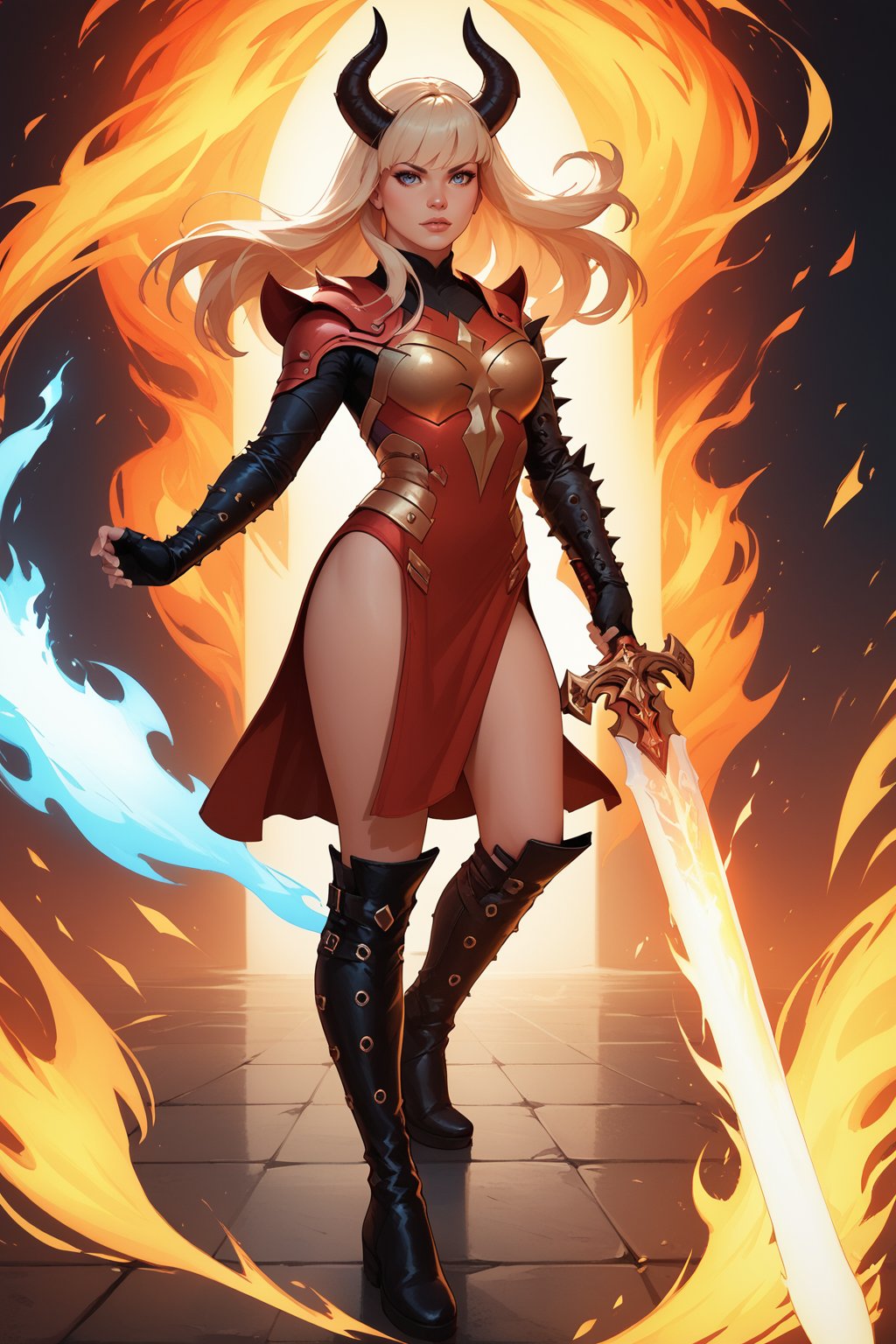 score_9, score_8_up, score_7_up, masterpiece, high quality <lora:Magic Phoenix FivePonyLoRA:0.8>mgik, long hair, bangs, dress, asymetrical sleeves, spikes, fingerless gloves, shoulder armor, knee boots, sword, holding sword, energy sword, fire, magic, horns