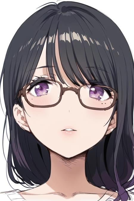 score_9, score_8_up, score_7_up, score_6_up,<lora:Takao_Toka:0.9> takao, 1girl, black hair, bangs, long hair, purple eyes, collarbone, mole under eye, close-up, portrait, glasses, <lora:Kubikiri:1> kubikiri, sketch