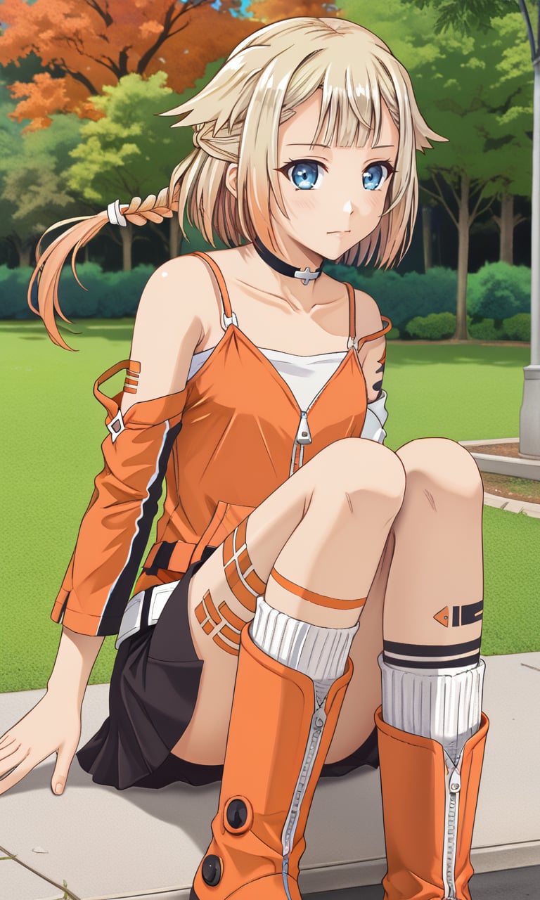 full body, park <lora:ONE_CeVIO:1> ONE_CeVIO,blue eyes,blonde,orange tint,single braid,hair flaps,emblem choker,bare shoulders,single sleeve, detached sleeve,orange shirt,spaghetti strap,arm tattoo,leg tattoo,zipper,belt,black skirt,asymmetrical legwear,knee boots