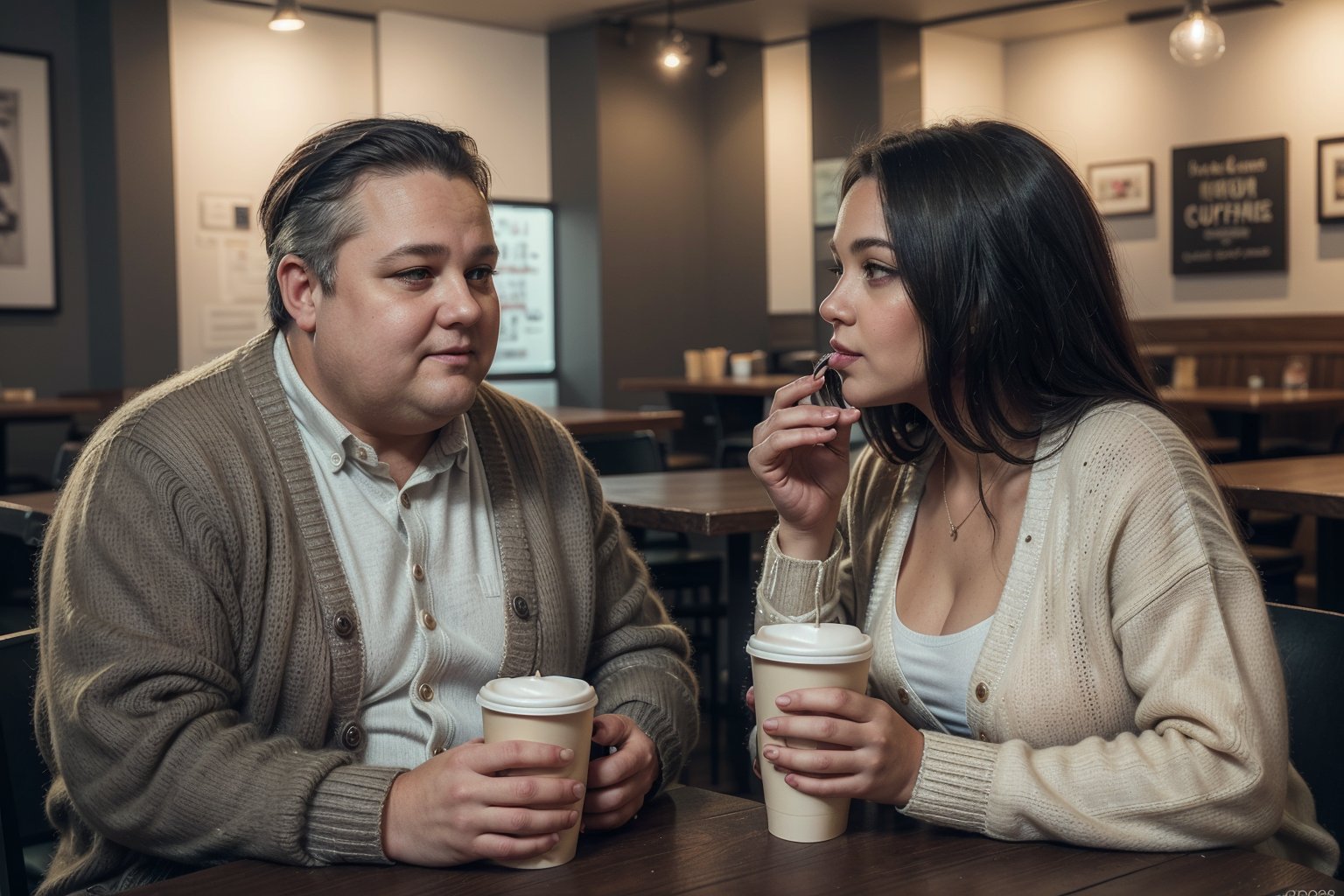 (((masterpiece))),  (((A middle-aged chubby man is wearing a cardigan sweater))),  drinking a cup of coffee and smoking cannabis with a black woman,  they are sitting in a busy cafe,  detailed face,  high details,  photography,  dark studio,  rim light,  Nikon D850,  50mm,  f/1.4,  masterpiece,  high quality,  high definition,  8K,  super detailed,  2people,  beautiful woman,  poeple, 2people, two people, REALISTIC, poeple,<lora:EMS-267301-EMS:0.200000>,<lora:EMS-72516-EMS:0.600000>