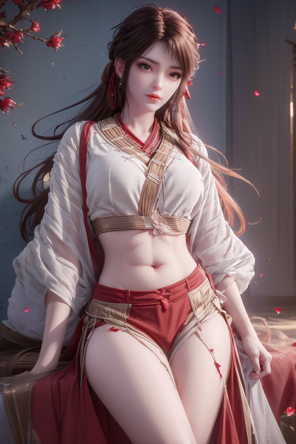 8k,RAW photo,best quality,masterpiece,hatching (texture),skin gloss,light persona,artbook,extremely detailed CG unity 8k wallpaper,official art,(high detailed skin),glossy skin,contrapposto,female focus,sexy,fine fabric emphasis,wall paper,1girl,solo,red_lips,makeup,very long hair,hair ornament,midriff,navel,fate/stay night,(red theme:1.4),depth of field,blue circle,snow,petals,branch,y-hd,s-hd,<lora:0405采桑女64:0.8>,ll-hd,<lora:1111白皙质感:0.5>,ty-hd,<lora:0110田野:0.6>,