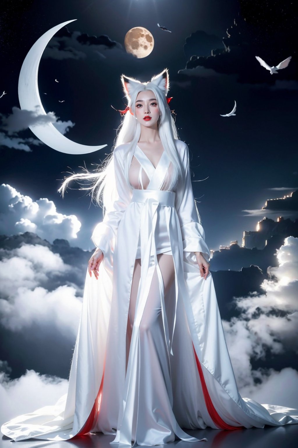 Ultra quality,8k,masterpiece,best quality,1girl,solo,long hair,looking at viewer,long sleeves,animal ears,cloud,night,moon, smoke, fox,standing in cloud,tail,full body,white hair,wide sleeves,fox ears,wind,robe,red lips,white theme, <lora:JAY - WHITE FOX:0.7>