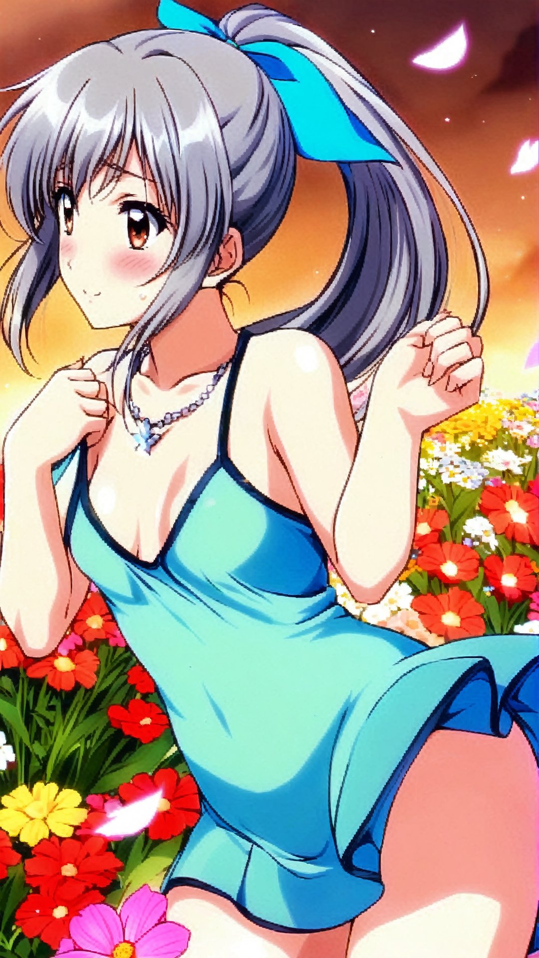 Matsuoka Chie, Grey Hair, Long Hair, Ponytail, Hair Ribbon, Necklace, Brown Eyes,summer dress, (nsfw), (uncensored), (score_9), score_8_up, score_7_up, score_6_up, score_5_up, source_anime, cowboy shot, dynamic pose, 1 girl, solo, happy smile joy, blush, ashamed, shy, sexy, charming, alluring, seductive, enchanting, erotic,((outdoors)), ((flower garden)), ((flowers)), ((many flowers)), spring petals, petals of flowers, spring, falling petals, flying butterflies<lora:EMS-381990-EMS:0.800000>