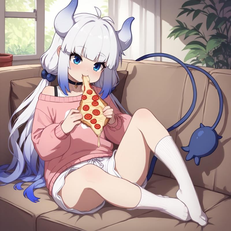 score_9, score_8_up, score_7_up, score_6_up, score_5_up, score_4_up, Cromachina,kanna_kamui, horns, tail,pink sweater, white bloomers, socks, blue eyes, choker, white hair, gradient hair,living room, lazy, couch, eating pizza, happy,<lora:Cromachina_v2:1>