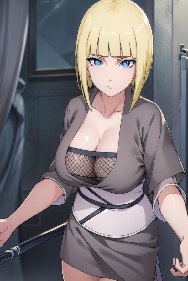 samui, <lora:samui-lora-nochekaiser:1>, samui, blue eyes, blonde hair, short hair, bangs, blunt bangs,BREAK cleavage, fishnets, dress, grey dress, skirt, grey skirt,BREAK cowboy shot, looking at viewer, BREAK indoors,BREAK <lyco:GoodHands-beta2:1>, (masterpiece:1.2), best quality, high resolution, unity 8k wallpaper, (illustration:0.8), (beautiful detailed eyes:1.6), extremely detailed face, perfect lighting, extremely detailed CG, (perfect hands, perfect anatomy),