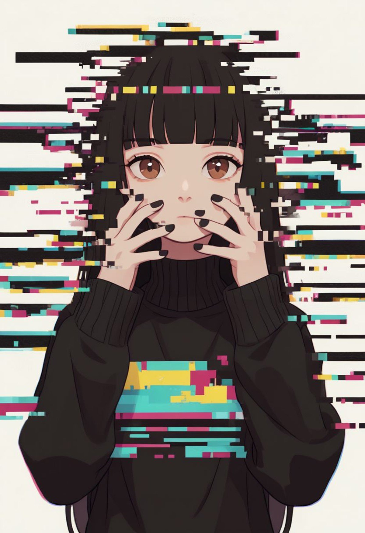 did vaporwave style, 1girl, solo, black hair, looking at viewer, glitch, upper body, long sleeves, long hair, hands up, blunt bangs, shirt, brown eyes, sweater, black nails,  zPDXL2
