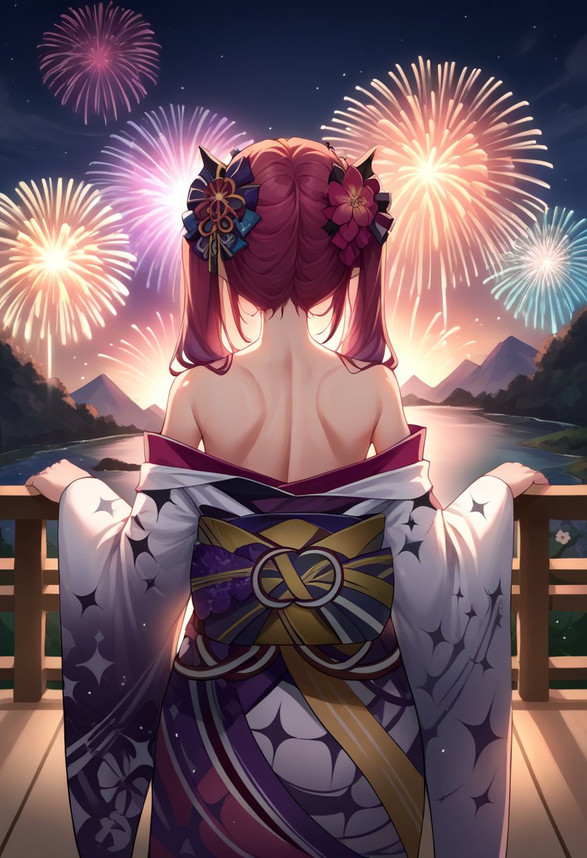 score_9, score_8_up, source_anime, 1girl, solo, IrysNewYears, heterochromia, purple eye, blue eye, twintails, hair flower, print kimono, wide sleeves, obi, aurora, back, bare back, bare shoulders, fireworks, from behind, light particles, off shoulder, <lora:CHAR-IrysPonyXL:1>