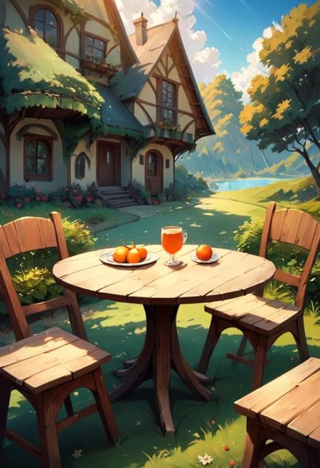 masterpiece,best quality, highly detailed, score_9, score_8_up, score_7_up, score_6_up,source_Anime,<lora:xl_more_art-full_v1:0.8>,BREAK <lora:lightXL:0.8>neolight,scenery,food, table, sky, outdoors, chair, plant, tree, house, cloud, day, cup, sunlight, fence, fruit