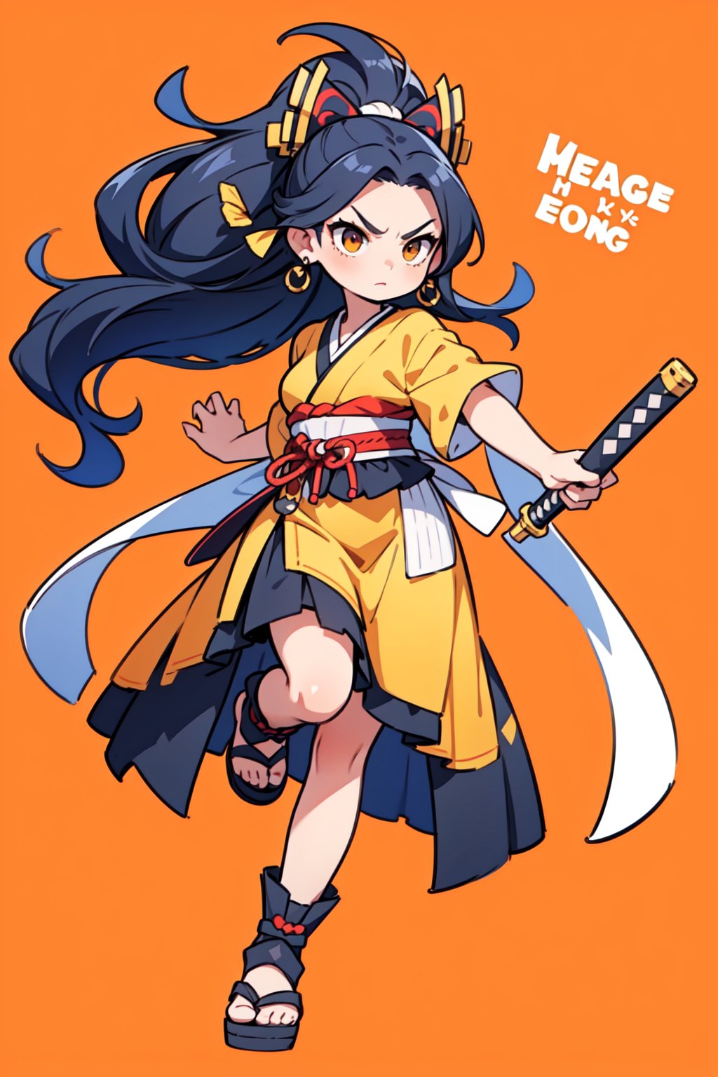 ((perspective lens, a woman with long hair, dynamic pose of Serious and mean expression, two hands brandishing a big long samurai sword )) ((Pure orange background:1.2)),appears in her early twenties,captured mid-motion,with her long braided hair flowing. Her outfit is reminiscent of a bee,with a color palette of black and yellow,and she is tossing money casually,indicating a playful.,