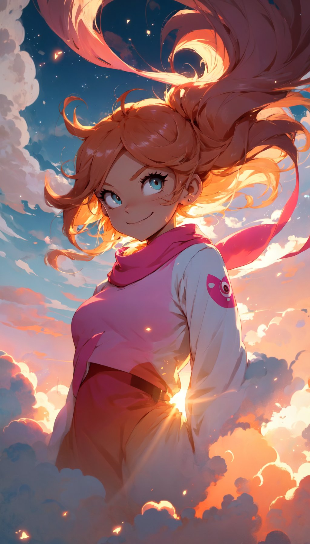 powerpuff girls style, illustration of a girl floating in the sky, scarf, floating hair, close-up, warm soft lighting, sunset, cloud, cloudy sky, (sparks:0.7), (light particles:1.1), volumetric lighting, smug, smirk