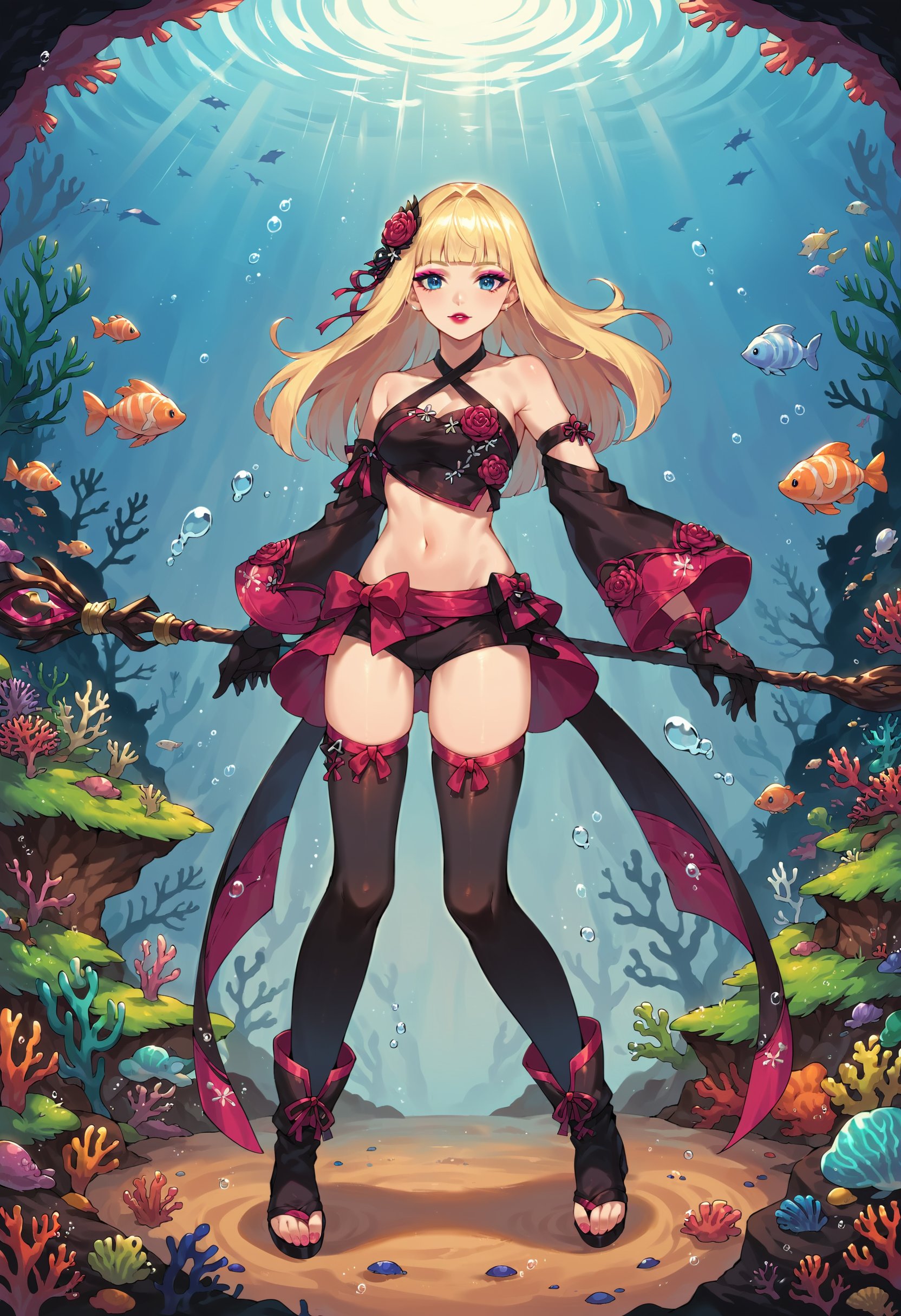 zPDXL, score_9, score_8_up, score_7_up, 1girl, full body, blonde hair,  hair, blue eyes, hime cut, red lipstick, pastel eyeshadow, holding weapon, holding staff, underwater, coral reef,<lora:Shisui_Caster_FFXIV:.8> shisuicaster, detached sleeves, criss-cross halter, boots, bandeau, black thighhighs, gloves, hair flower , navel,  bare shoulders, midriff