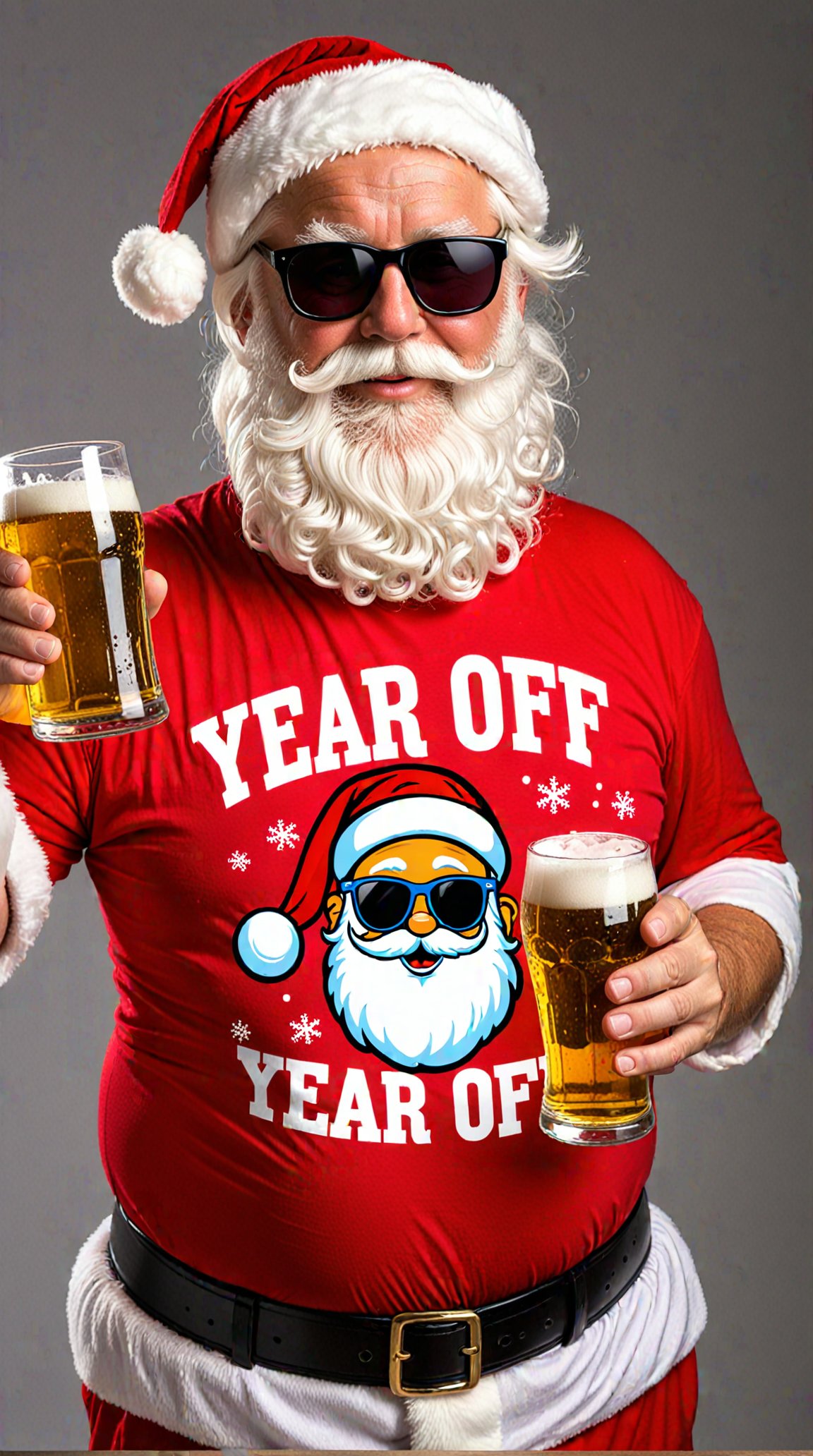 A santa claus holding a beer, wearing sunglasses and and a t-shirt, text on t-shirt says 'year off'.