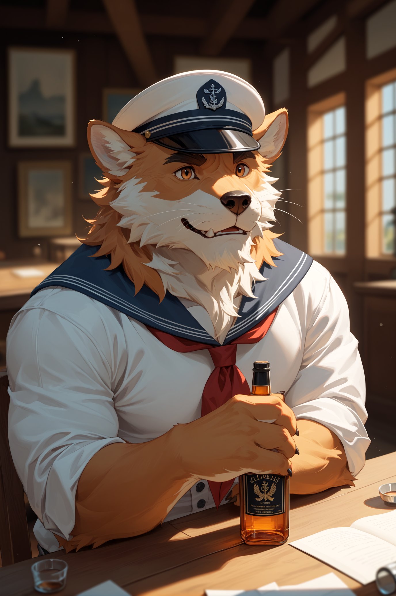 score_9,score_8_up,score_7_up,furry,kemono,high quality,full body,tail,furry,rating_explicit,embedding:zPDXL2 BREAK anthro male furry,very hairy,( ((Sailor hat,open Sailor Suit)),Rugged scruffy weathered old sailor, a portrait of a seaman with a rugged, ships captain, thick beard, capturing a slightly befuddled expression, he is sitting at the table next to him there is a bottle of whiskey, focus is on his facial expressions and the subtle details like the texture of his long beard and the glint in his eyes, cozy, moody cinematic atmosphere, soft cinematic light, RAW photo, dreamy soft focus, detailed photo, gorgeous, shallow depth of field, bokeh, volumetric lighting, iridescent skin, (surreal:0.4), hyper detailed photorealistic life-like accurate proportional 8k sharp focus, (accurate cinematic lighting),