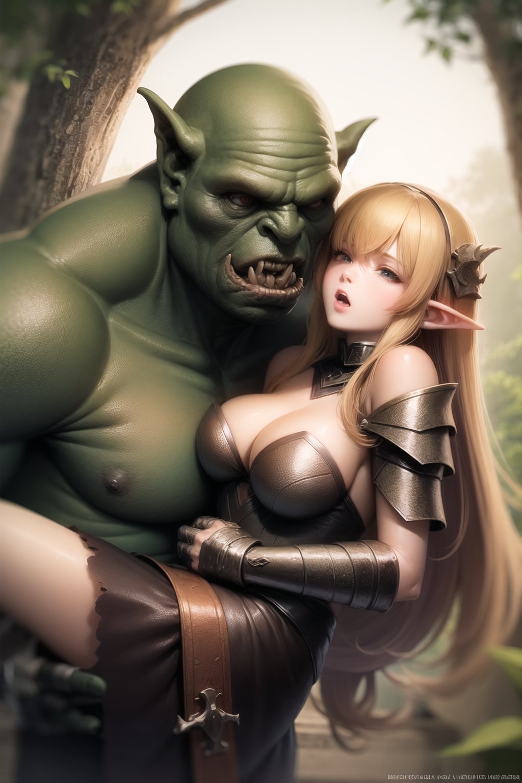 <lora:orczor_v4.0:1>orczor, 1girl, princess carry, elf, blonde hair, dress, orc, blue eyes, glowing eyes, tusks, carrying, cleavage, sleeping, :o, looking at another, forest, armor, helmet, green skin, holding, leg grab,, masterpiece, best quality, highly detailed