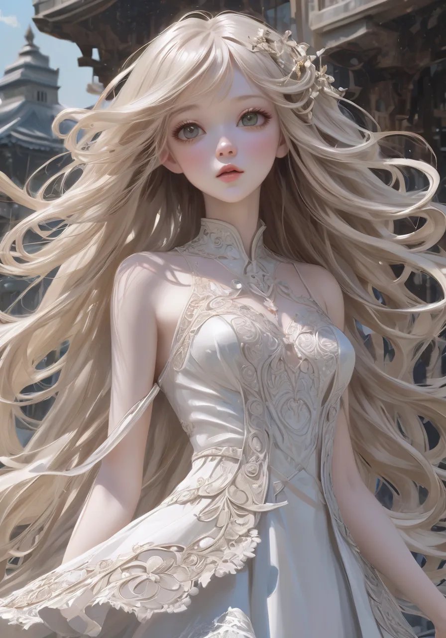 highres,best quality,natural, anime delicate detailed concept art, young girl with [waving long hair] white skin, with dress ornate intricate, (bjd-like beauty face), (Ulzzang Makeup), wide angle, craig mullins, yoji shinkawa, art germ, pete morbacher, david lynch, hyper detailed, high detail, artstation