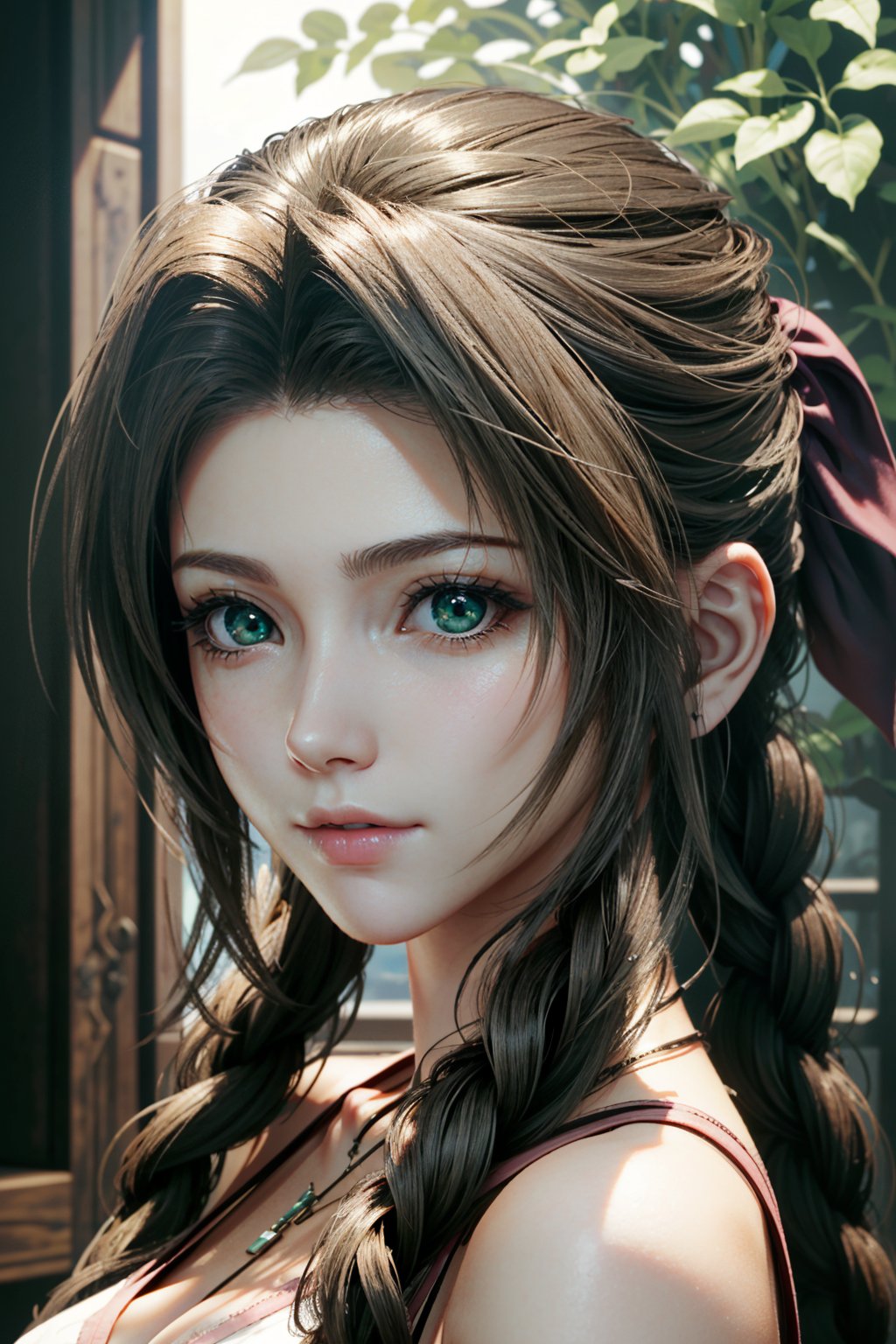 ((ultra detailed, masterpiece, best quality)) <lora:FF7Aerith:0.8>FF7Aerith, 1girl, solo, single braid, green eyes, brown hair, portrait