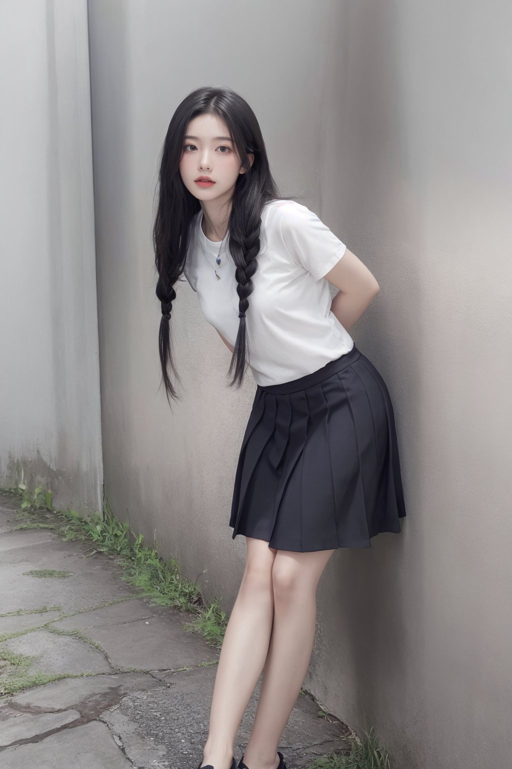 1girl, against wall, arms behind back, black hair, braid, full body, grey skirt, hair over shoulder, long hair, looking at viewer, pleated skirt, shirt, shoes, short sleeves, skirt, solo, standing, twin braids <lora:国际超模脸:0.8>