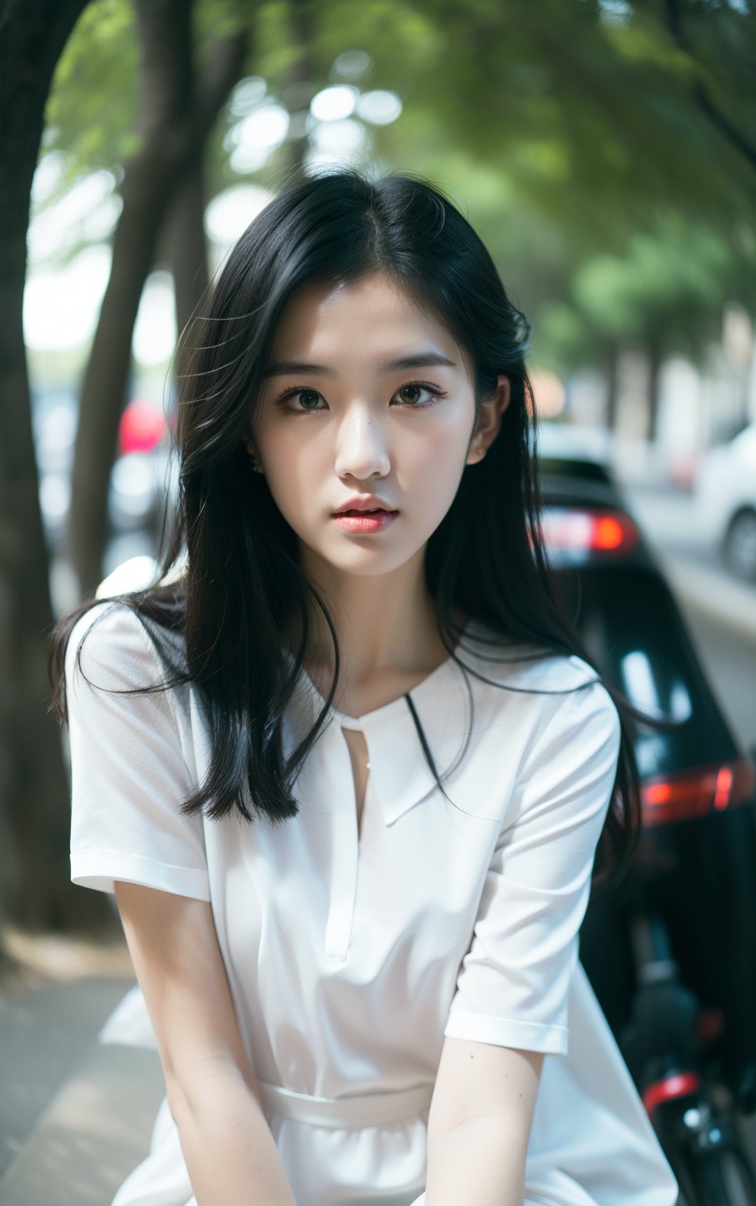 a woman in a dress sitting on a bench with a bike behind her and a tree in the background,1girl,solo,black hair,long hair,realistic,looking at viewer,short sleeves,lips,upper body,shirt,black eyes,parted lips,white shirt,dress,bow,outdoors,,