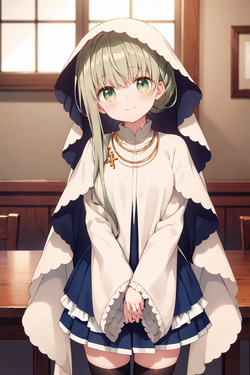 1girl, cecilia \(shiro seijo to kuro bokushi\), official art, green eyes, green hair, smile, thighhighs, solo, black legwear, looking at viewer, window, eyebrows visible through hair, long sleeves, indoors, closed mouth, necklace, jewelry, own hands together, veil, blush, standing, wide sleeves, very long hair, blue skirt, sparkle, 1girl, male focus, zettai ryouiki, blue dress, white capelet, v arms, robe, hair between eyes, pleated skirt, cowboy shot, frills, sidelocks, table, white cape, cross, white dress, head tilt, asymmetrical hair, shiny, shiny hair, frilled skirt, depth of field, day, sunlight  <lora:cecilia_shiro_seijo_locon_v1:0.9>