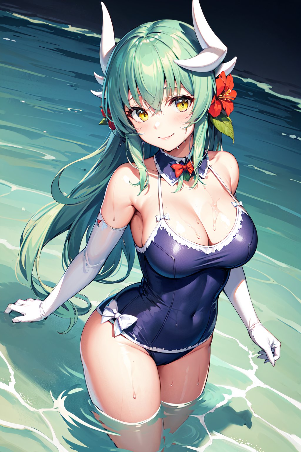 masterpiece, best quality, highres, bbkiyo, long hair, green hair, white horns, hair flower, yellow eyes, detached collar, cleavage, school swimsuit, blue one-piece swimsuit, elbow gloves, white gloves, white bow, <lora:kiyohime_(lancer)_v1:0.7>, wet, partially submerged, ocean, smile, standing