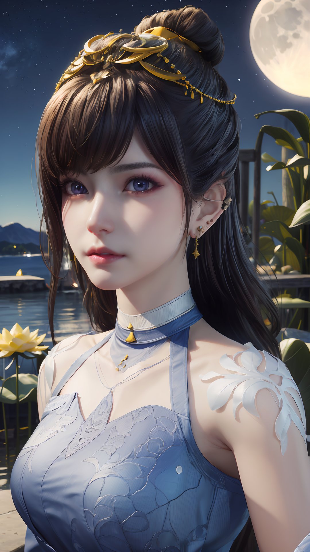 masterpiece,best quality,official art,extremely detailed CG unity 8k wallpaper,realistic,light rays,light particles,1girl,earrings,solo,jewelry,black_hair,long_hair,upper_body,blue_eyes,blue_ribbon,armlet,breasts,blue theme,starry background,scenery,starry sky,night,reflection,night sky,outdoors,milkway,cistern,(lotus:1.2),lake water,moon,long_hair,earrings,hair_ornament,dynamic pose,looking at viewer,cowboy shot,