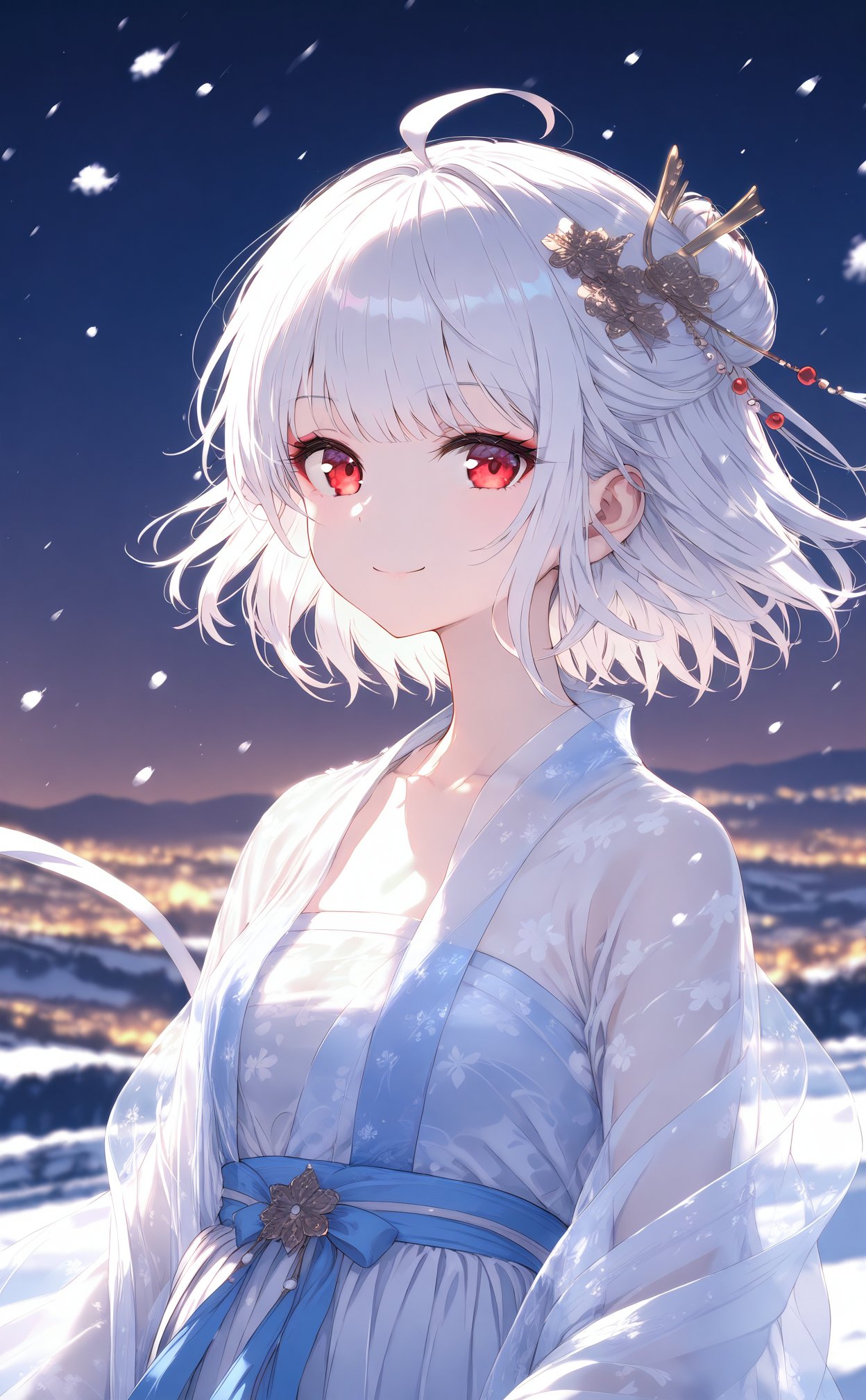 (masterpiece),(best quality),illustration,ultra detailed,hdr,Depth of field,(colorful),night,1girl,solo,red eyes,looking at viewer,hair ornament,short hair,upper body,white hair,blurry,ahoge,bangs,see-through,depth of field,hanfu,smile,floral print,closed mouth,small_breasts,loli,arm_ribbon,white upper shan,white chest po skirt,light blue waistband,white pibo,in winter,snowflakes,hills,