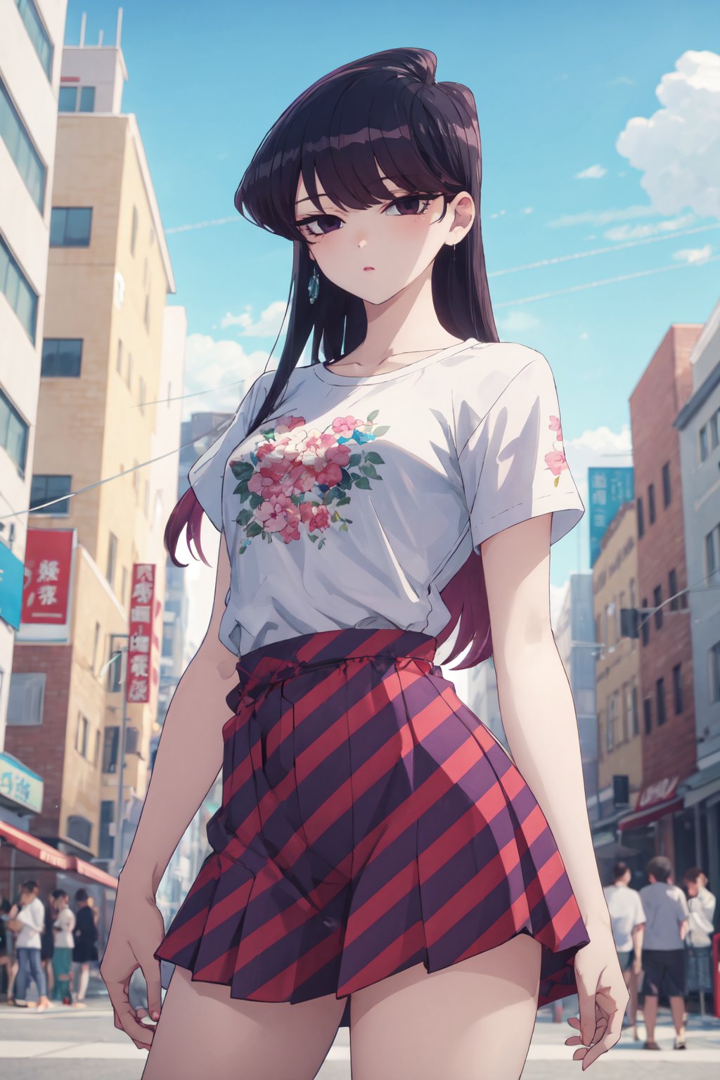 <lora:Shouko-000010:0.8>,Shouko CYQL,1girl,solo,looking at viewer,long hair,black hair,black eyes,,seductive_smile,cowboy_shot,Street performers, Artists, Musicians, Entertainers, Crowds,(California poppies, Rolling hills, Orange hues, Golden hour, California landscape, Dusk sky:0.5),beautiful detailed sky,beautiful detailed glow,posing in front of a colorful and dynamic background,masterpiece,best quality,beautiful and aesthetic,contrapposto,female focus,wallpaper,