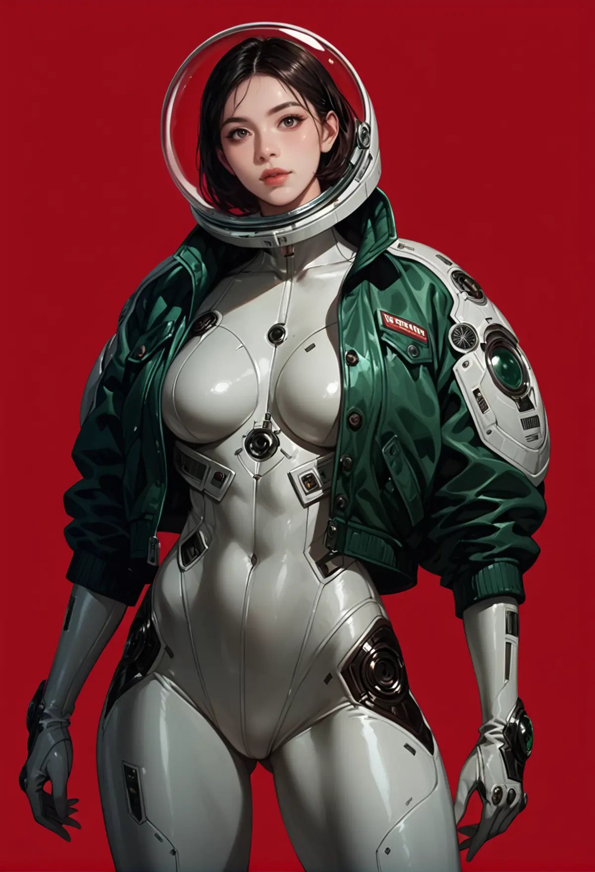 1girl,solo,red background,cowboy shot,,ruanyi0812,white bodysuit,skin tight,science fiction,green jacket,open jacket,spacesuit,<lora:0812 TheFirstDescendant Clothing_v1_pony:1>, score_9,score_8_up,score_7_up,,8k,1girl,solo,,