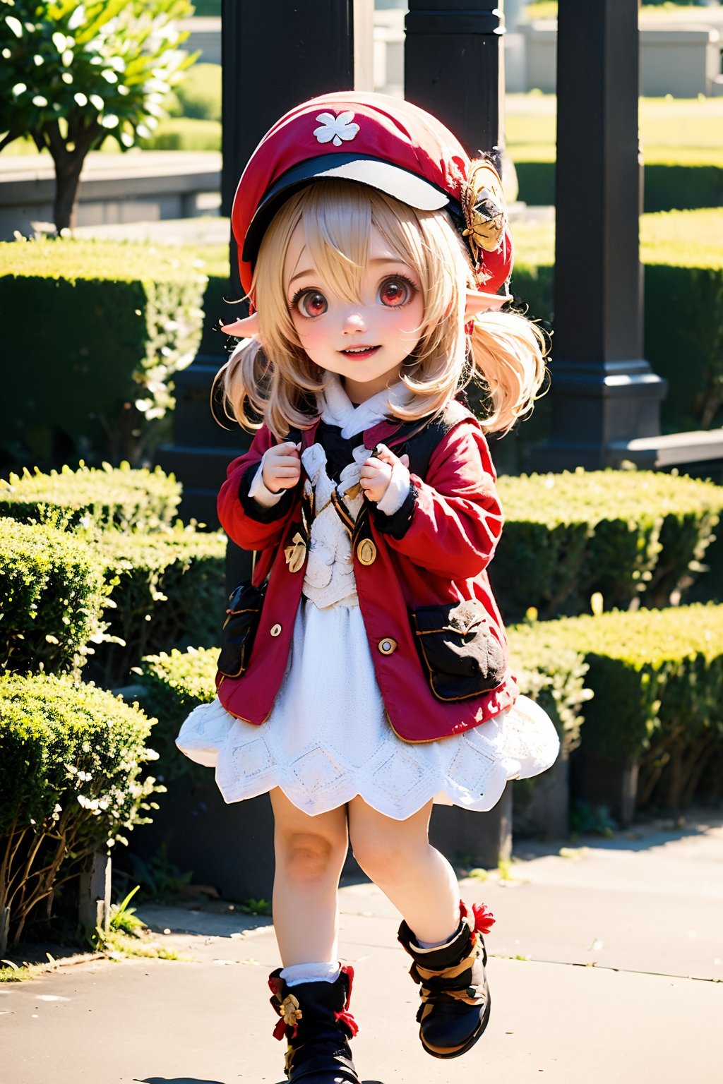 1girl, klee \(genshin impact\), pointy ears, hat, twintails, red headwear, outdoors, red eyes, looking at viewer, smile, open mouth, ahoge, long sleeves, solo, blonde hair, hat feather, low twintails, hair between eyes, brown footwear, long hair, cabbie hat, boots, holding, child, :d, blurry, flower, sidelocks, hat ornament, standing, dodoco \(genshin impact\), coat, red coat, dress, full body, socks, standing on one leg, depth of field, grass, day, blush, holding animal, jacket, teeth, feathers, white feathers, tree, red jacket, animal, bag, clover print, pocket, brown gloves, light brown hair, gloves, blurry background, lips, upper teeth only, bench