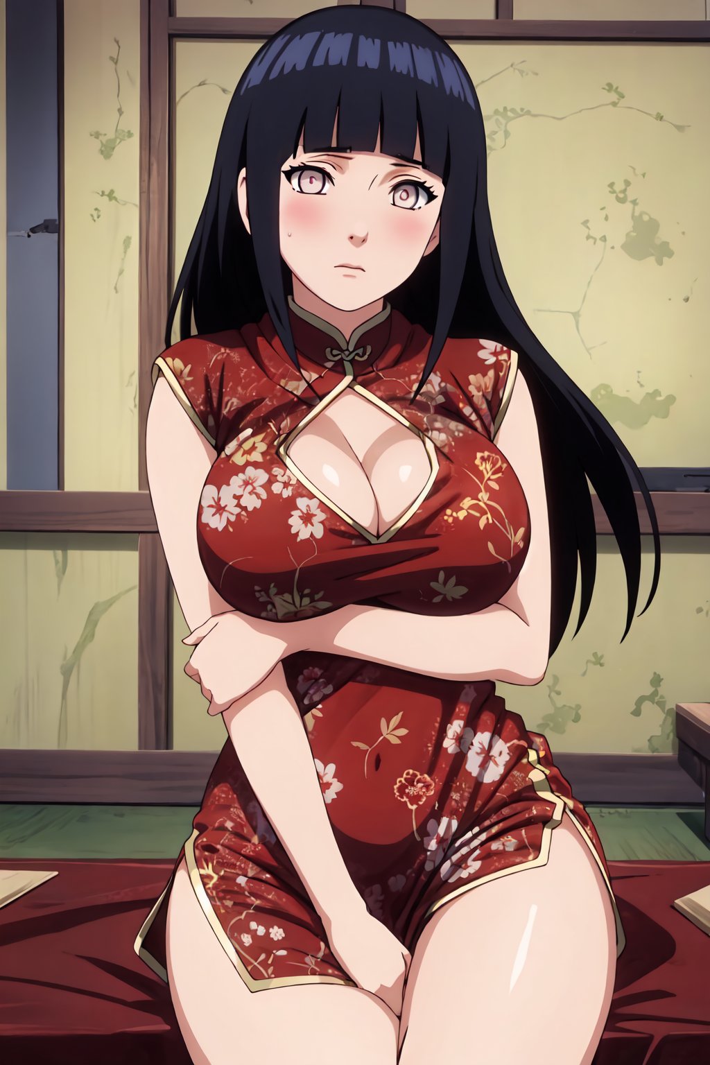 HinataHyuga, 4k, absurd, high resolution, very high resolution, high definition, masterpiece, 1girl, long hair, blush, large breasts, black hair, 1boy, dress, cleavage, clothing cutout, chinese clothes, red dress, cleavage cutout, china dress, breast hold, white eyes, no pupils<lora:EMS-396615-EMS:0.800000>