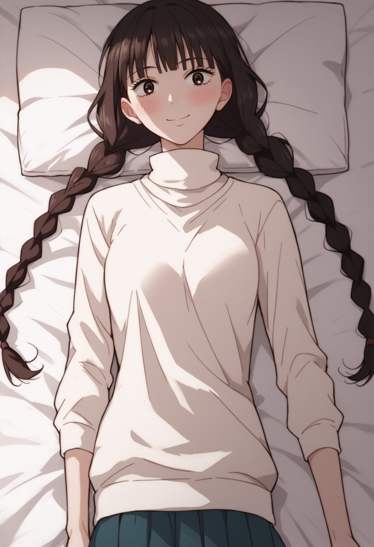 score_9, score_8_up, score_7_up, score_6_up, source_anime,rating_explecit,anime coloring, 1girl , solo, looking at viewer, cowboy shot,   <lora:KuronumaSawako:0.8> kuronuma sawako, turtleneck sweater, twin braids, lying, on bed, 